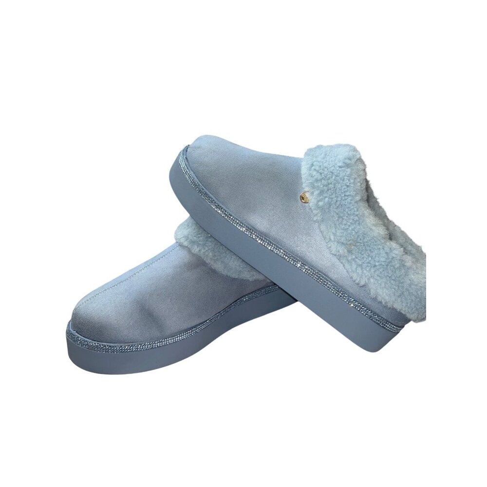 Womens Mist Blue Faux Fur-Lined Slip-On Slippers Joy Luxe 9W - Picture 3 of 5